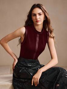 Anewsta 女士优雅休闲无袖立领背心，适合秋季、秋季、新年 - 紅色 - 查看 3