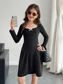 SHEIN Tween Girl Black Waist Cinched Dress With Cute Contrast Ruffle, Fashionable Versatile Casual & Elegant - Black - View 4