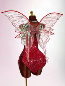 Amplova 万圣节仙女 COS 亮片镂空交叉绑带女装 - 紅色 - 查看 7