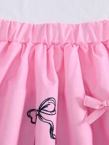 Casuvi Kids 1 Set Girls Sweet & Cute White Short Letter Print T-Shirt (With Pink Bow Decor), Paired With Pink Multi-Bow Decorated Skirt, Regular Thickness, Outfit For Daily Wear, Summer - Pink - View 5