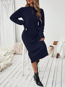 EMERY ROSE Women's Navy Blue Round Neck Casual Versatile Daily Knit Sweater Dress - Navy Blue - View 3