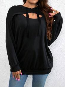 SHEIN LUNE 大码女式纯色镂空落肩抽绳卫衣，休闲家居服，毕业典礼，女教师，返校套头卫衣 - 黑色 - 查看 1