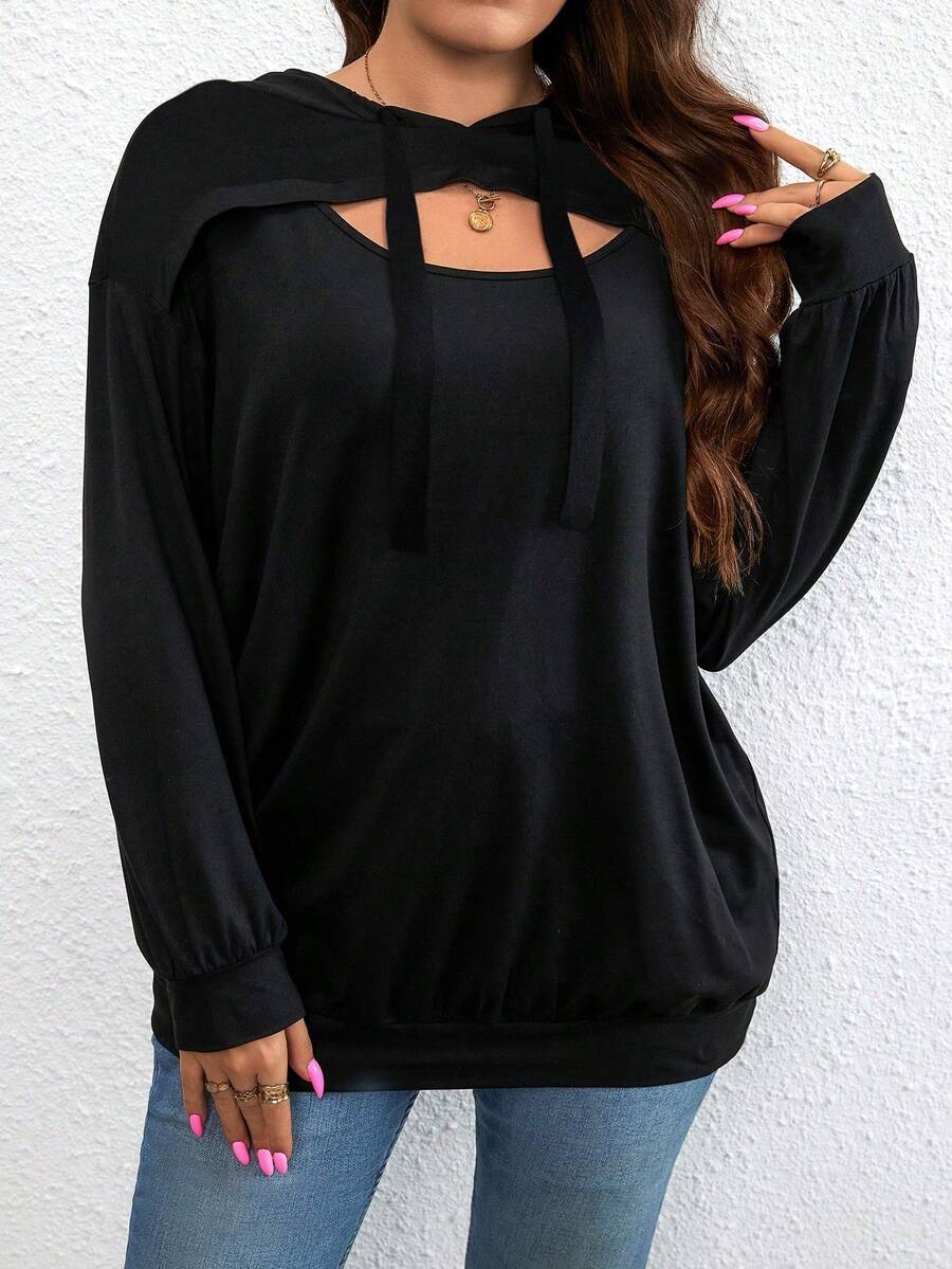 SHEIN LUNE 大码女式纯色镂空落肩抽绳卫衣，休闲家居服，毕业典礼，女教师，返校套头卫衣 - 黑色 - 查看 1