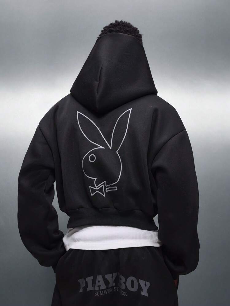 PLAYBOY X SUMWON Cropped Fit Pullover Hoodie With Archive Club Embroidery And Logo Badge For Casual Streetwear Style