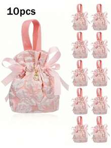 10 个装小号花卉图案礼品袋，帆布粉色礼品袋，带提手茶会回礼袋，迷你束口糖果礼品袋，适用于新娘送礼会、生日、婚礼（浅粉色）、情人节 - 彩色 - 查看 10