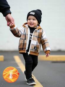 Vintaside Kids Baby Boy Patch Letter Graphic Thermal Lined Casual Hoodie Jacket, Autumn/Winter - Camel - View 3