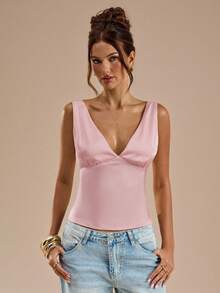 SHEIN BAE Elegant Dusty Pink Satin & Lace Patchwork Tank Top For Summmer, Women's Party Beach Vacation Music Festival Brunch Wedding Guest Bridesmaid Valentine - Dusty Pink - View 3