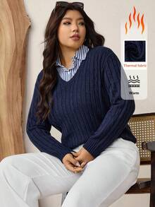 SHEIN LUNE Sweter z dzianiny w jednolitym kolorze, z dekoltem w serek, w dużym rozmiarze, na co dzień, na jesień/zimę