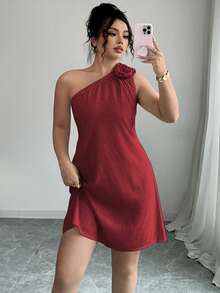 Elenzga Plus Size Women's Elegant Burgundy Summer Midi Dress,Linen Blend One Shoulder Asymmetric Sleeveless Loose Solid Dress For Party Wedding Vacation - Burgundy - View 4