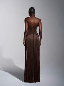 Elitara 优雅奢华性感针织亮片露肩猫领腰部流苏装饰修身连衣裙，适合鸡尾酒会、晚宴、展览、商务活动和正式场合。 - 棕色 - 查看 2