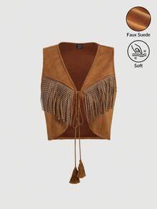 SHEIN MOD 女士波西米亚风70年代流苏无袖外套，秋季外套上衣，女士秋季夹克，西部夹克，牛仔夹克