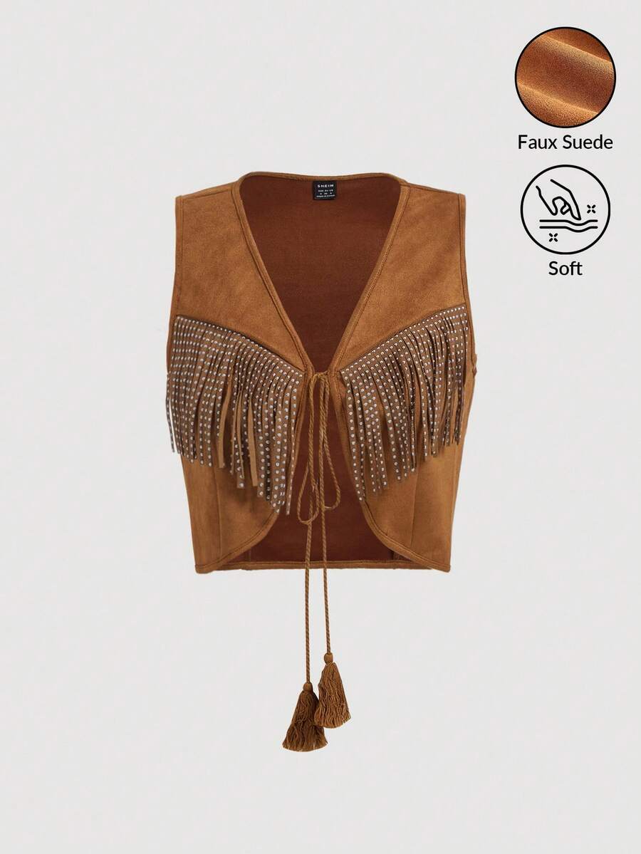 SHEIN MOD 女士波西米亚风70年代流苏无袖外套，秋季外套上衣，女士秋季夹克，西部夹克，牛仔夹克