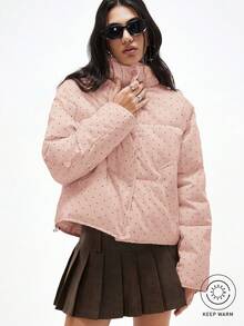 GENKIRA 女士乳白色黑白波点立领休闲宽松百搭羽绒服 - 粉色 - 查看 1