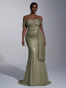 Váy trễ vai tay lửng màu xanh ô liu thanh lịch cỡ lớn, đính đá Rhinestone có thể tháo rời, thích hợp cho các dịp lễ, đám cưới, tiệc tùng, lễ tốt nghiệp và sự kiện trang trọng - màu xanh lá - Xem 4