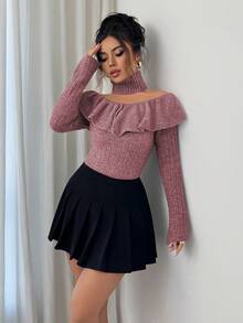 Elenzga Pull femme à encolure ras-du-cou, épaules dénudées avec volants