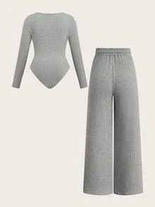 Sweetra 大码浅灰色U领阔腿连体裤，休闲修身家居服及户外时尚单品，两件套，秋冬款 - 灰色 - 查看 2
