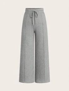 Sweetra 大码浅灰色U领阔腿连体裤，休闲修身家居服及户外时尚单品，两件套，秋冬款 - 灰色 - 查看 14