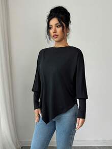 SHEIN Elenzya 女士优雅纯色弹力露肩宽松针织T恤，蝙蝠袖设计，秋冬款 - 黑色 - 查看 6