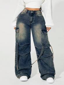 SHEIN ICON 大码女式街头风休闲多口袋牛仔裤