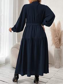Vionelle 大码优雅休闲纽扣前开襟灯笼袖连衣裙，适合秋季穿着，女士长款套装 - 藏蓝色 - 查看 2