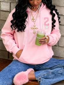 Rovax Women's Casual Letter Patch Drawstring Sweatshirt, Autumn - Pink - View 3