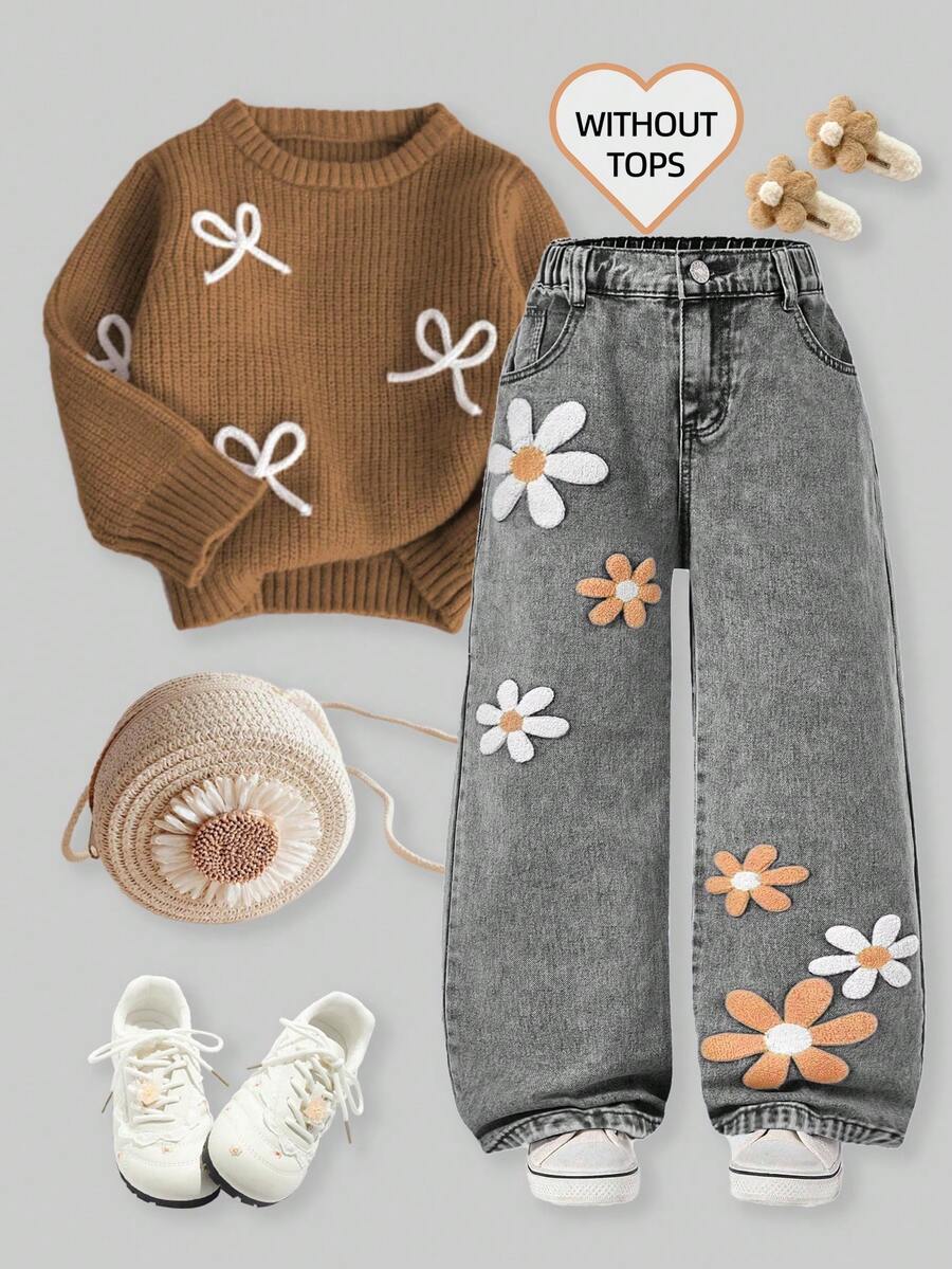 Jeans ampi da ragazza stile Y2K, jeans oversize a gamba larga, jeans ampi da ragazza, jeans larghi, nuovi arrivi 2025, jeans stile estetico con fiocchi di neve, lavati, strappati, ricamati, pantaloni a zampa, jeans con fiori, jeans carini con margherite per bambine stile anni '90, jeans grigi larghi e comodi, con fiori bianchi e marroni - Grigio - Visualizzare 1