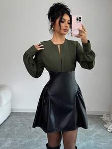 Elenzga Women's Elegant Minimalist Vintage Chic Party Cocktail Dress, High-End Color Blocking Design, Cinched Waist A-Line Long Sleeve Mini Dress, Military Green - Army Green - View 3