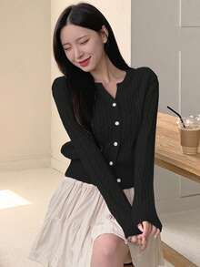 DAZY Women Casual Solid Color Twist Knit Fitted Cardigan, Autumn/Winter - Black - View 5