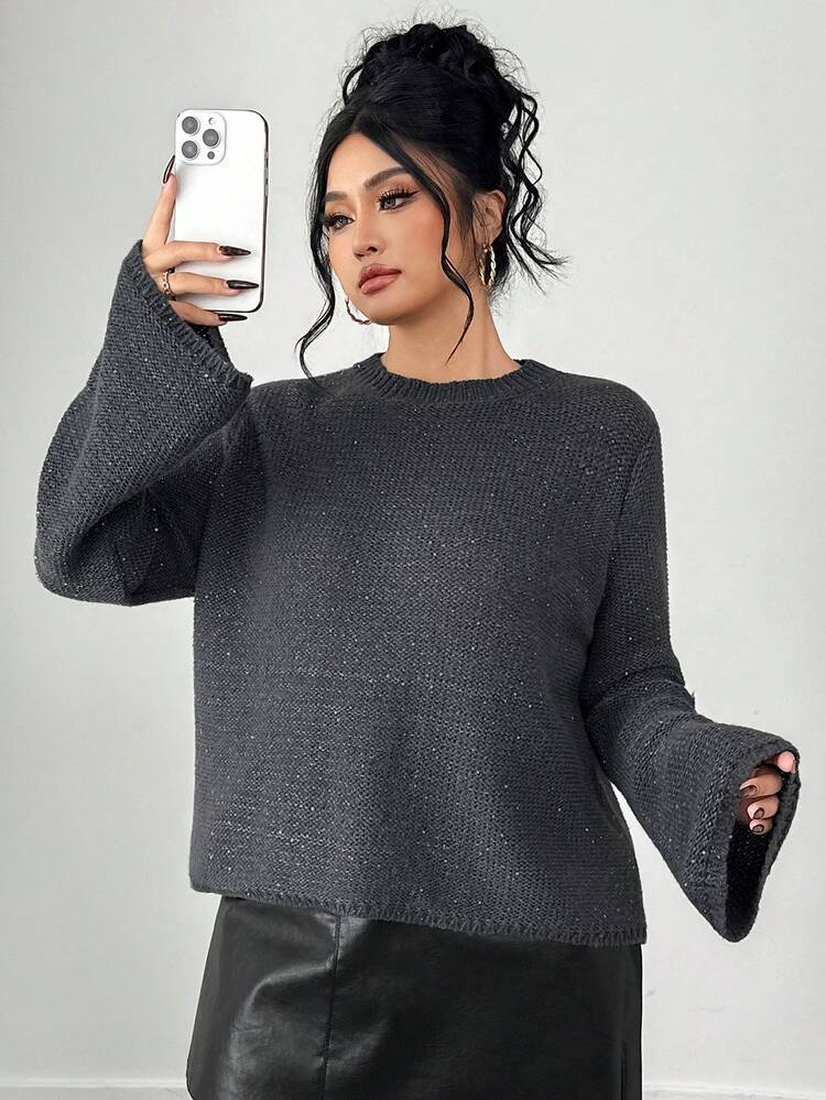 Dazy Plus Plus Size Women Loose Fit Crew Neck Sequin Embellished Casual Pullover Sweater, Suitable For Autumn/Winter