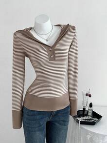 Elamini Women's Retro Casual Minimalist Solid Desire Pink Striped V-Neck Button Sweatshirt, Autumn - Brown - View 4