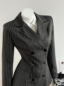 Elamini 女士灰色条纹修身中长款西装外套，百搭职业装，适合办公室、商务休闲、通勤、秋冬季穿着。 - 灰色 - 查看 6