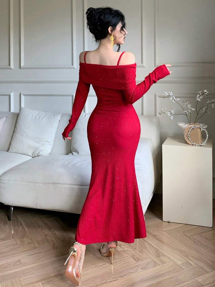 Elegant Off Shoulder Bowknot Pleated Midi Dress For Women, Autumn/Winter Valentine's Day