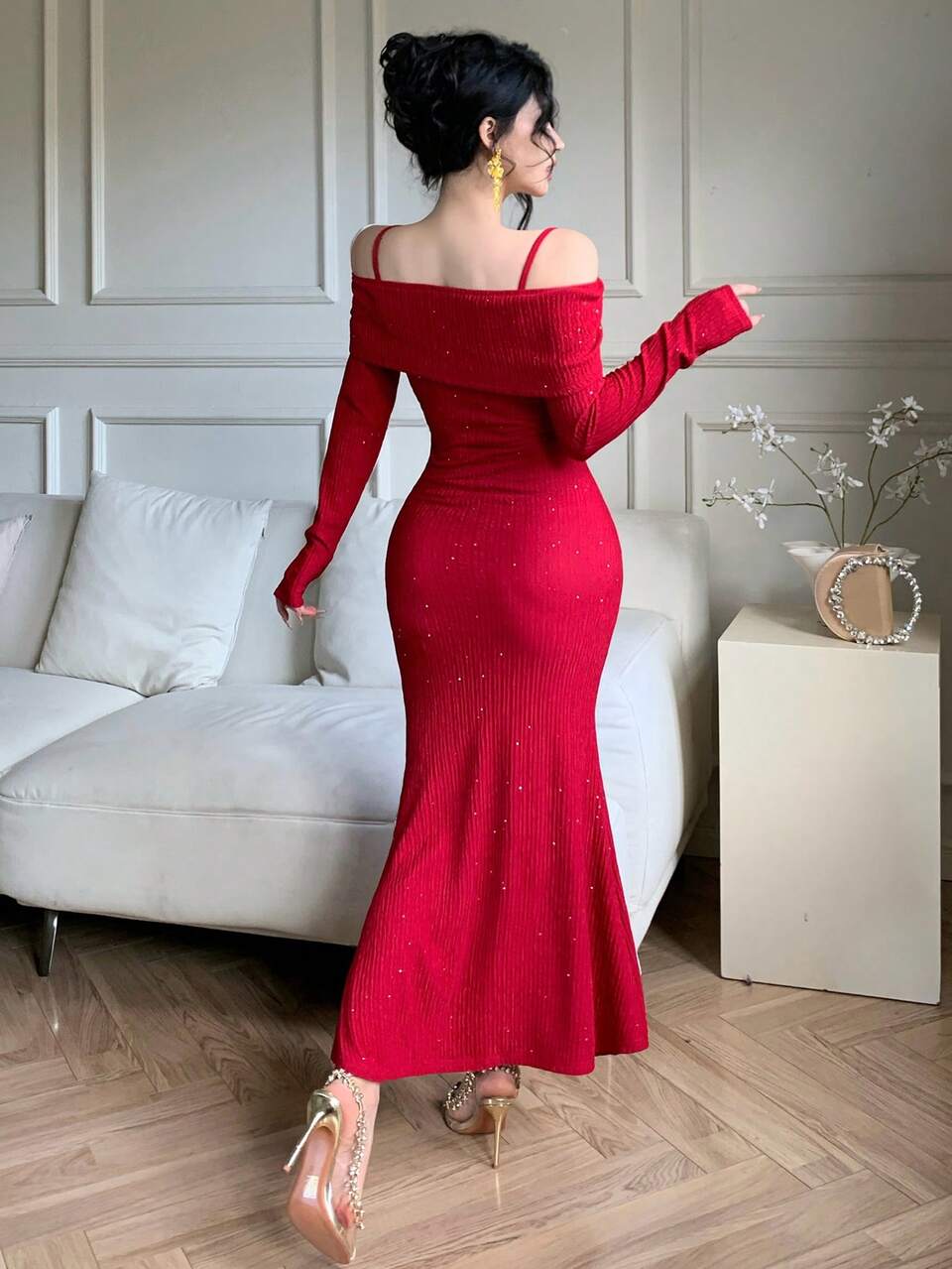 Elegant Off Shoulder Bowknot Pleated Midi Dress For Women, Autumn/Winter Valentine's Day