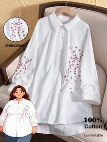 Rusticease 大码女装秋季乡村休闲度假花卉刺绣长袖白色休闲长款衬衫上衣，秋冬季，全白衬衫，开襟纽扣前襟短后摆长款设计，弧形下摆衬衫，外出，2025新款，简约时尚，适合日常穿着，冬季，圣诞节，新年，透气舒适 - 白色 - 查看 1