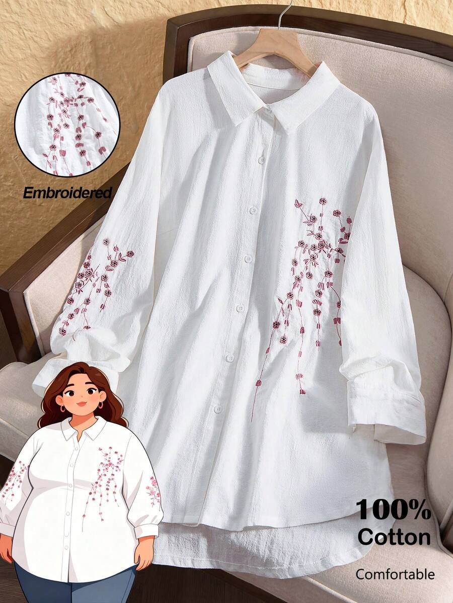 Rusticease 大码女装秋季乡村休闲度假花卉刺绣长袖白色休闲长款衬衫上衣，秋冬季，全白衬衫，开襟纽扣前襟短后摆长款设计，弧形下摆衬衫，外出，2025新款，简约时尚，适合日常穿着，冬季，圣诞节，新年，透气舒适 - 白色 - 查看 1