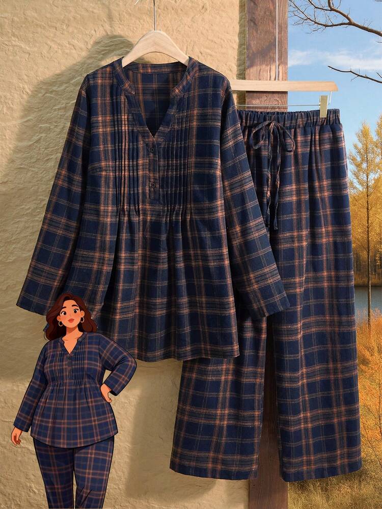 プラスサイズ レディース カジュアル チェック柄 長袖シャツ&パンツ 2点セット ポケット付き、秋冬