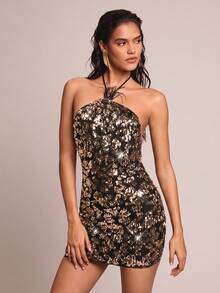 Glamine 复古时尚拼接仿羽毛亮片吊带紧身连衣裙 - 黑色和金色 - 查看 5