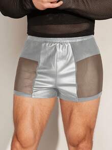 FeverCity Men's Elastic Leather Patchwork Mesh Shorts, Summer - Silver - View 5