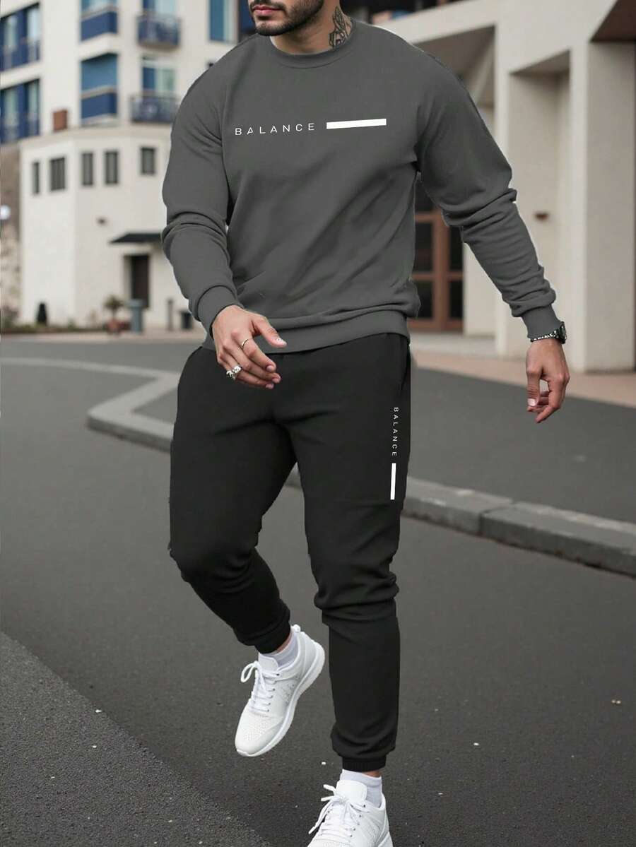 Manfinity Homme 男士字母印花圆领长袖卫衣和运动裤休闲两件套健身服 男士慢跑服 男士休闲套装 男士运动服套装 男士运动套装 - 彩色 - 查看 1