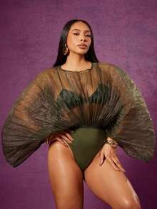 Vixey Solid Sheer Pleated Organza Draped Sleeve Bodysuit