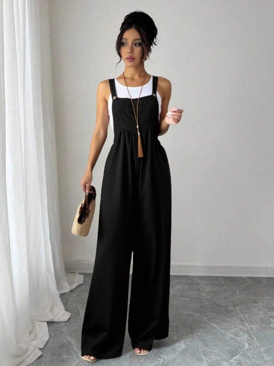 Mono casual de mujer de color liso Mono de las señoras, las mujeres de verano de color sólido de la correa de la espalda casual de pierna ancha pantalones sueltos Monos de mujer - Negro - Ver 1