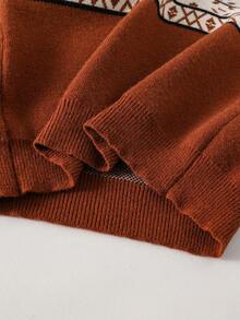 男士菱格纹高领圣诞假日毛衣，费尔岛图案长袖套头衫，棕色学院风圣诞假日针织衫 - 駝色 - 查看 6