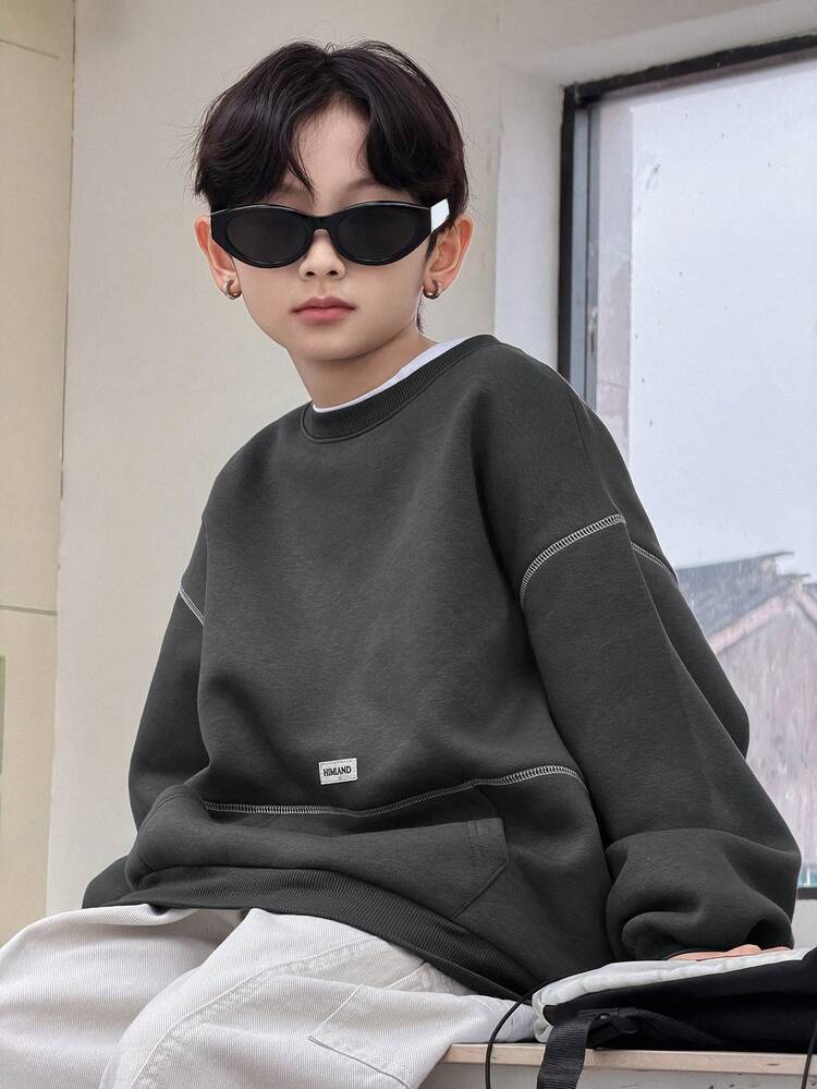 Tween Boy Letter Graphic Crew Neck Dropped Shoulder Loose Fit Sweatshirt Spring