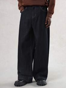 DAZY 男士字母印花刺绣设计原色藏蓝色牛仔裤，秋季款 - 黑色 - 查看 8