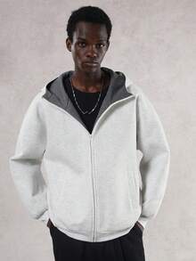 DAZY 男士加厚撞色连帽卫衣，秋冬季 - 淺灰色 - 查看 5