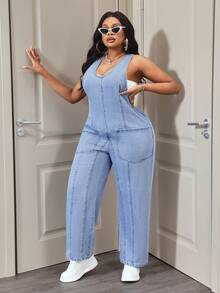 Slaydiva 大码女式无弹力牛仔连体裤，休闲宽松连体裤，工装风牛仔背带裤，时尚新款女式牛仔装扮 - 淺色水洗藍 - 查看 3