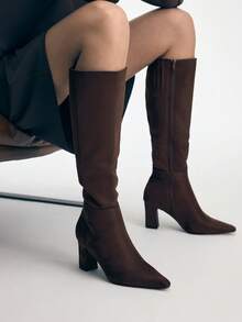 Mnmlis 女士时尚百搭通勤粗跟过膝长靴 - 棕色 - 查看 8