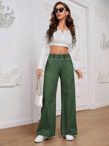 SHEIN LUNE 女款彈性腰寬腿寬鬆休閒牛仔褲 綠色女褲 高腰女褲 女款寬腿褲 - 綠色 - 查看 5