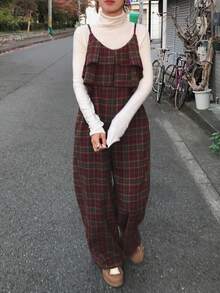 FRIFUL Women's Sleeveless Layered Ruffle Plaid Wide Leg Jumpsuit, Thick Warm Lining For Autumn/Winter Romper - Brown - View 2