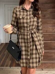 Elyressa Retro Checkered Lapel Button-Up Dress - Coffee - View 5
